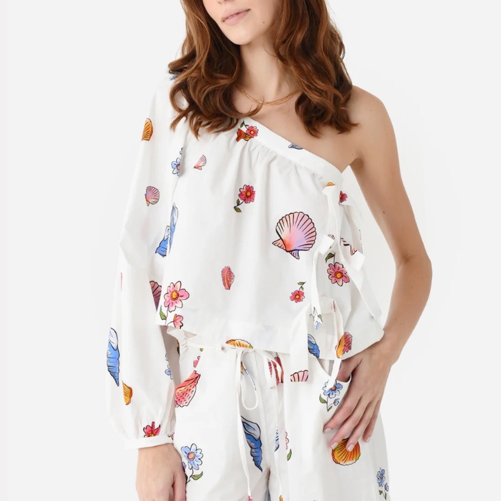 NWT Ciao Lucia Lea One Shoulder Bow Detail Top in Shell Beach Print Cotton
